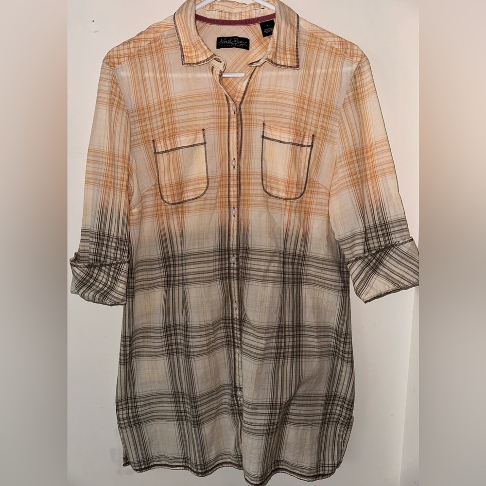 North River Outfitters Women’s‎ long lightweight plaid button up shirt sz L